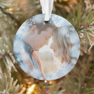 Blue Snowflakes First Christmas Married Photo Ornament