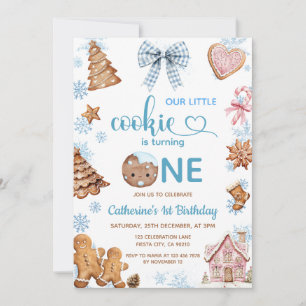 Blue Snowflakes Gingerbread Christmas 1st Birthday Invitation