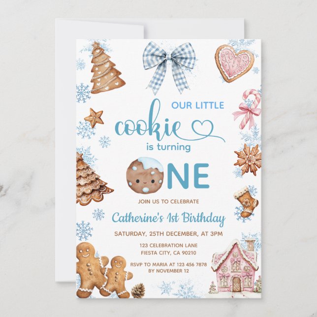 Blue Snowflakes Gingerbread Christmas 1st Birthday Invitation (Front)