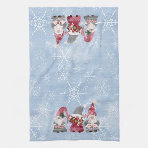 Blue Snowflakes Gnomes Love Joy Peace Watercolor Kitchen Towel
