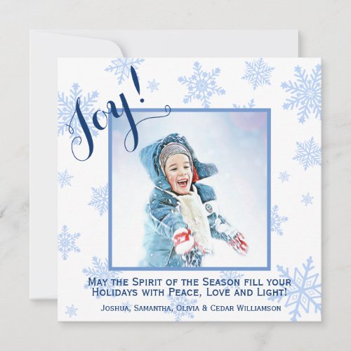 Blue Snowflakes Holiday Joy Square Photo Card