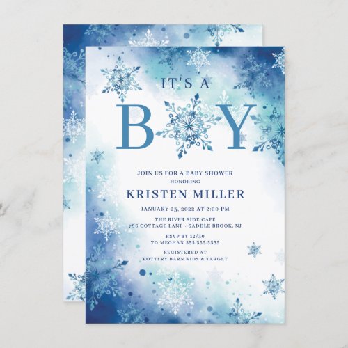 Blue Snowflakes Its Boy Winter Baby Shower  Invitation
