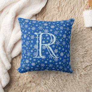 Blue Snowflakes Navy Blue Modern Elegant Monogram Throw Pillow