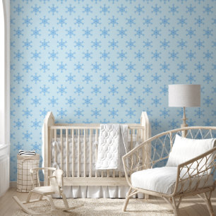 Blue Snowflakes on Blue Nursery Wallpaper