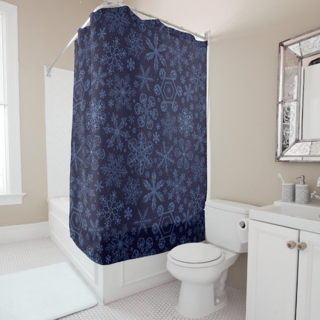 Blue Snowflakes on blue Shower Curtain (In Situ)