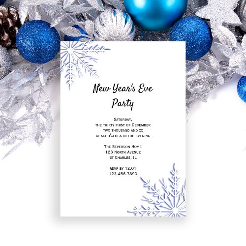 Blue Snowflakes on White New Years Eve Party Invitation