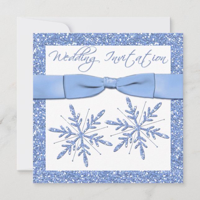 Blue Snowflakes on White Square Wedding Invite (Front)