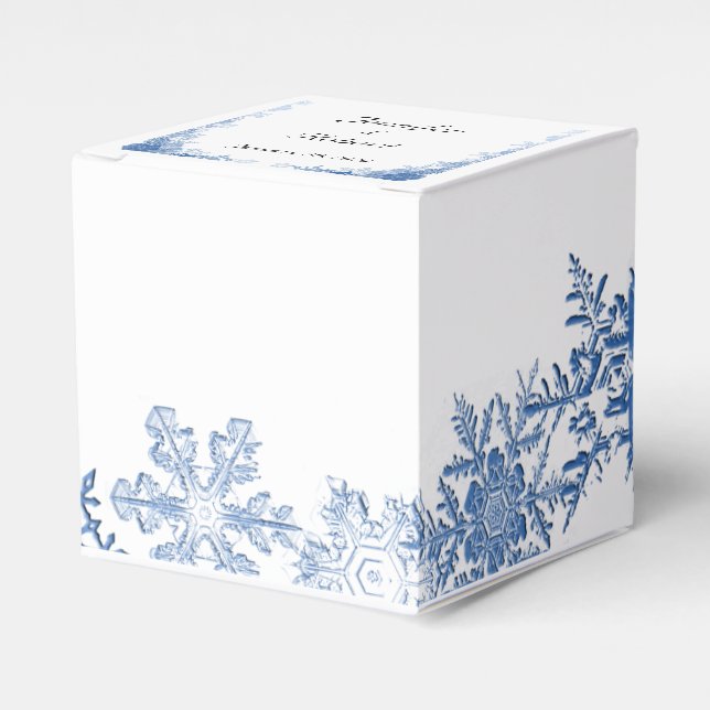 Blue Snowflakes on White Wedding Favor Box (Front Side)