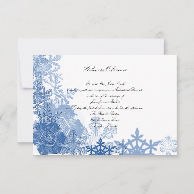 Blue Snowflakes on White Wedding Rehearsal Dinner Invitation (Front)