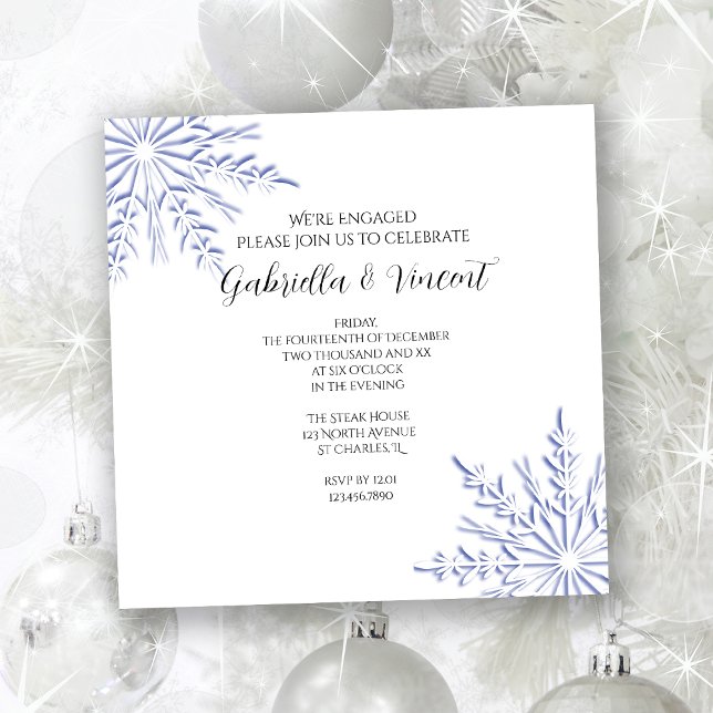 Blue Snowflakes on White Winter Engagement Party Invitation (Creator Uploaded)
