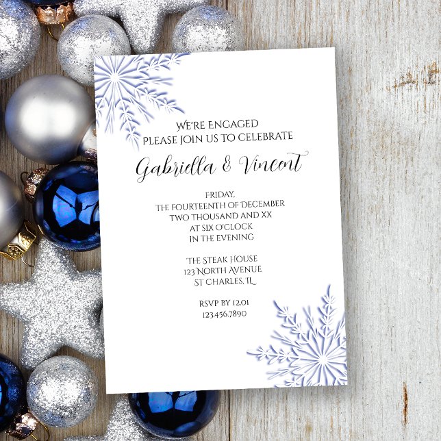Blue Snowflakes on White Winter Engagement Party Invitation (Creator Uploaded)