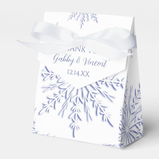 Blue Snowflakes on White Winter Wedding Favor Boxes (Front Side)