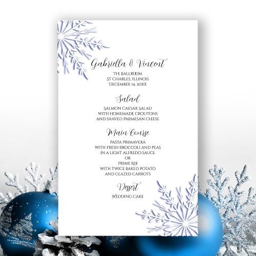 Blue Snowflakes on White Winter Wedding Menu