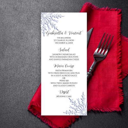 Blue Snowflakes on White Winter Wedding Menu