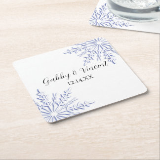 Blue Snowflakes on White Winter Wedding Square Paper Coaster