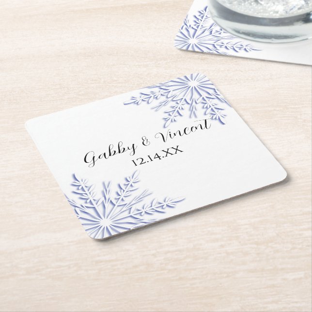 Blue Snowflakes on White Winter Wedding Square Paper Coaster (Angled)