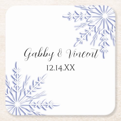 Blue Snowflakes on White Winter Wedding Square Paper Coaster