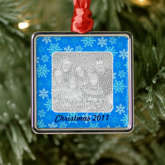 Blue Snowflakes Pattern Personalized Photo Metal Ornament (Tree)