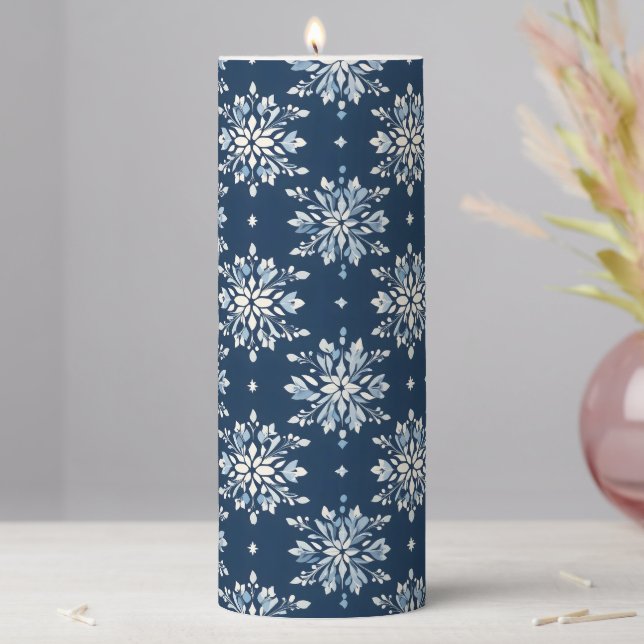 Blue Snowflakes Pattern Pillar Candle (In Situ)