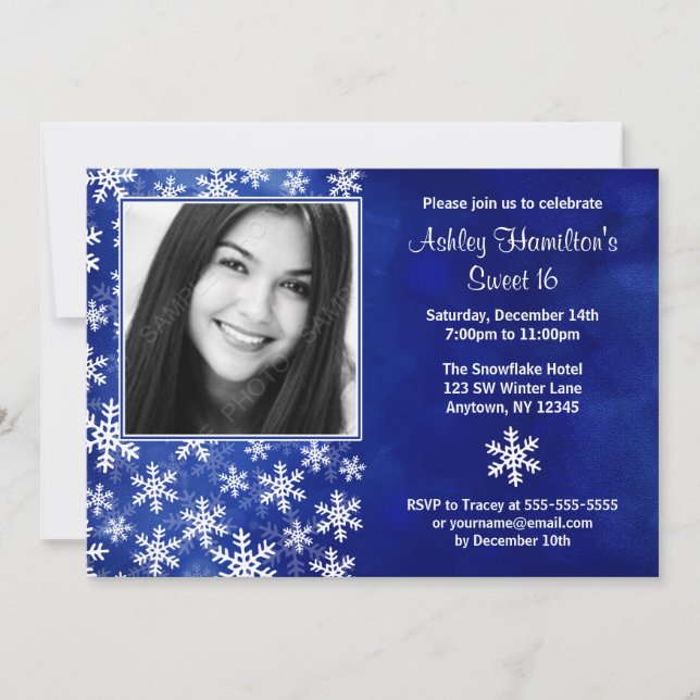 Blue Snowflakes Photo Sweet 16 Invitations (Front)