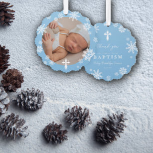 Blue Snowflakes Photo Winter Baptism Thank You Ornament Card