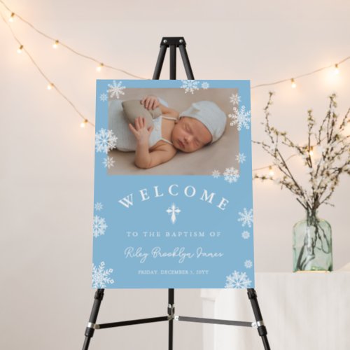 Blue Snowflakes Photo Winter Baptism Welcome Foam Board