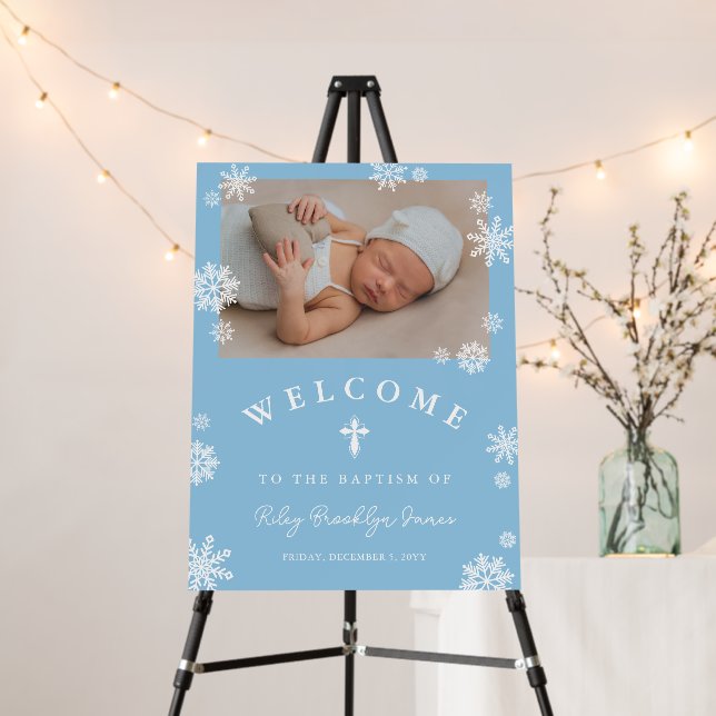 Blue Snowflakes Photo Winter Baptism Welcome Foam Board (In Situ (Stand))