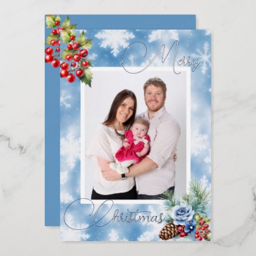 Blue Snowflakes Red Berries Christmas Greeting Foil Holiday Card
