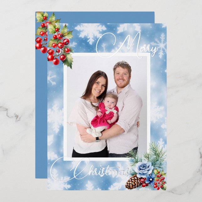 Blue Snowflakes Red Berries Christmas Greeting Foil Holiday Card (Front/Back)