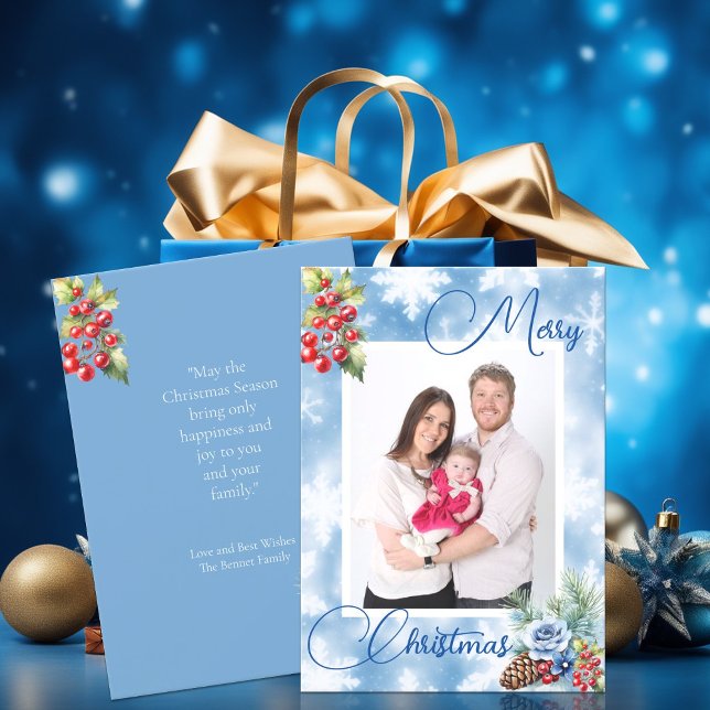Blue Snowflakes Red Berries Christmas Greeting  Holiday Card (Creator Uploaded)