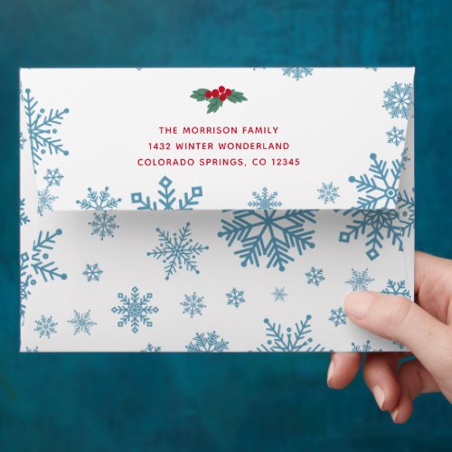 Blue Snowflakes Red Holly Berries Christmas  Envelope