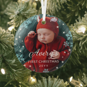 Blue Snowflakes & Stars Baby's 1st Christmas Photo Glass Ornament