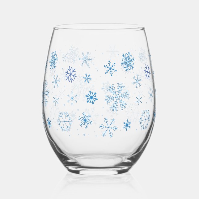 Blue Snowflakes Stemless Wine Glass (Front)