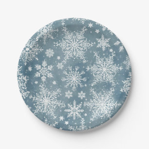 Blue Snowflakes Watercolor Winter Holiday Paper Plates