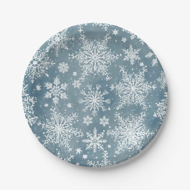 Blue Snowflakes Watercolor Winter Holiday Paper Plates (Front)