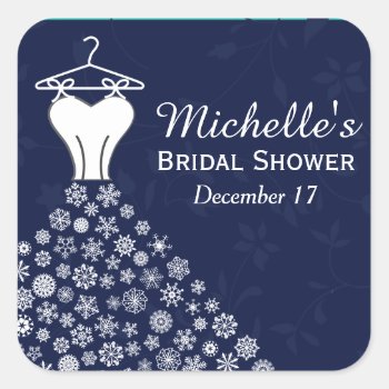 Blue Snowflakes Wedding Dress Bridal Shower Favor Square Sticker by bridalwedding at Zazzle