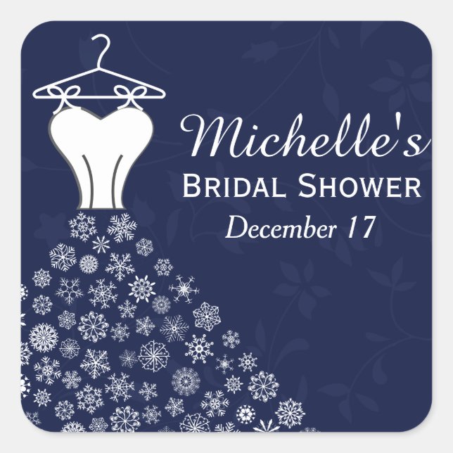 Blue Snowflakes Wedding Dress Bridal Shower Favor Square Sticker (Front)