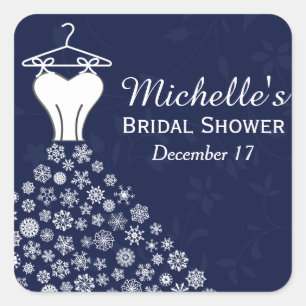 Blue Snowflakes Wedding Dress Bridal Shower Favor Square Sticker