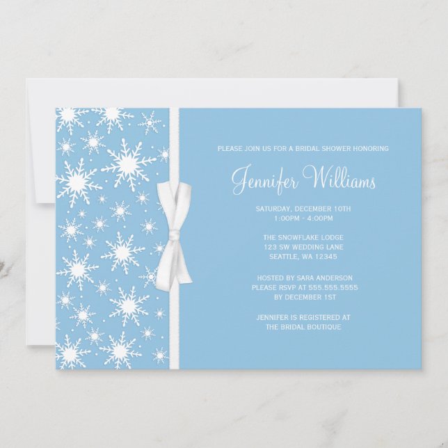 Blue Snowflakes White Bow Winter Bridal Shower Invitation (Front)