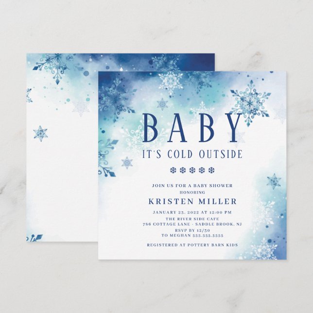 Blue Snowflakes Winter Boys Baby Shower Invitation (Front/Back)