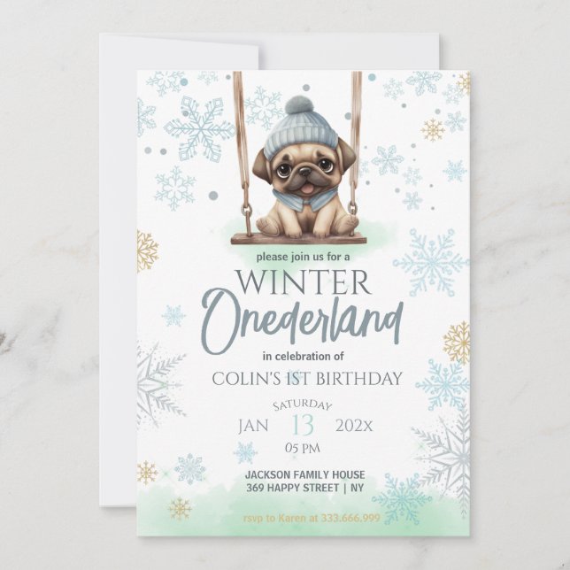 Blue Snowflakes Winter Onederland 1st Birthday Invitation (Front)