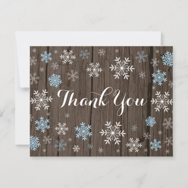 Blue Snowflakes Winter Rustic Wood Thank You Card (Front)