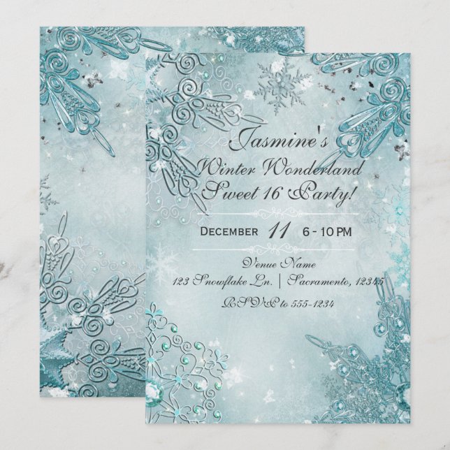 Blue Snowflakes Winter Wonderland Holiday Party Invitation (Front/Back)