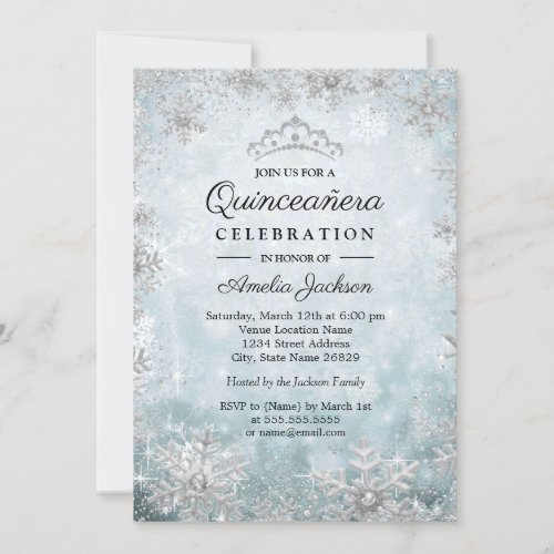 Blue Snowflakes Winter Wonderland Quinceanera Invitation