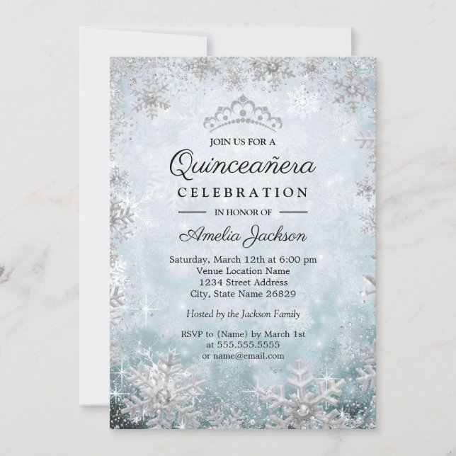 Blue Snowflakes Winter Wonderland Quinceanera Invitation (Front)