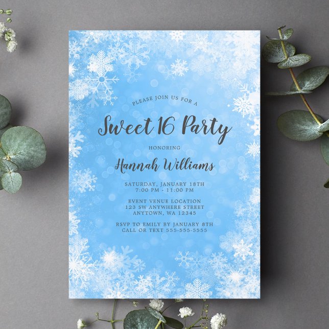 Blue Snowflakes Winter Wonderland Sweet 16 Invitation (Creator Uploaded)