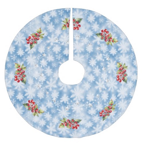 Blue Snowflakes with Red Berries  Stars Christmas Brushed Polyester Tree Skirt