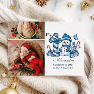 Blue Snowman 2 Photo First Christmas Holiday Card
