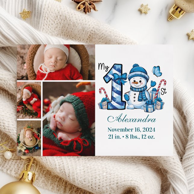 Blue Snowman 4 Photo  First Christmas Holiday Card (Creator Uploaded)