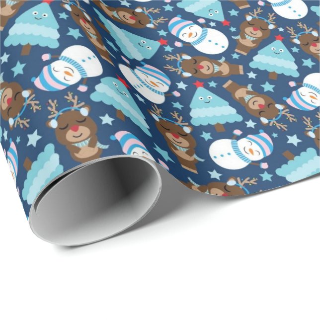 Blue Snowman and Blue Christmas Tree  Wrapping Paper (Roll Corner)